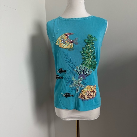 Vintage Beaded Sequin Tank Top Ocean Coral Reef Bejeweled Y2K Mermaidcore M - Picture 2 of 8